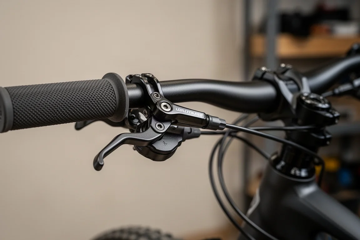 Close-up of suspension lockout levers mounted near a mountain bike handlebar