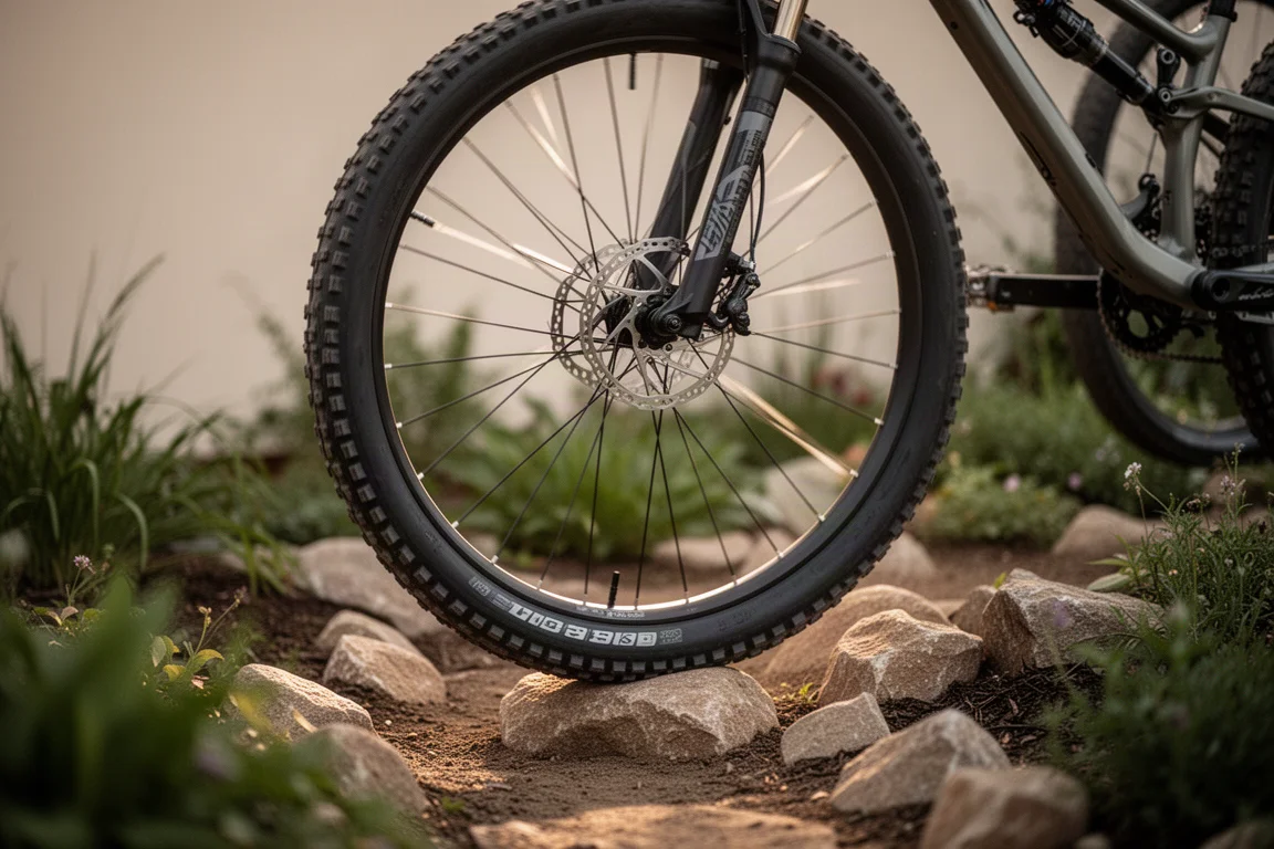 Large 29-inch front wheel of a trail bike rolling over a rocky section of trail