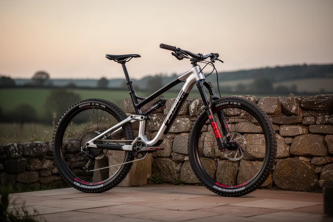 Black and silver full-suspension trail bike with red accents parked on a stone patio at dusk