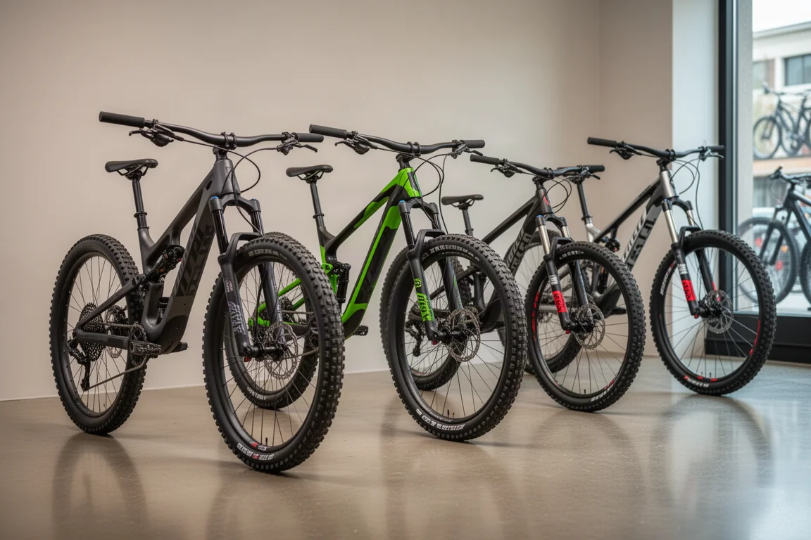 Four full-suspension mountain bikes lined up inside a bike shop