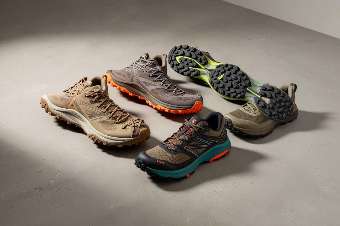 Row of varied trail running shoes on a matte concrete surface