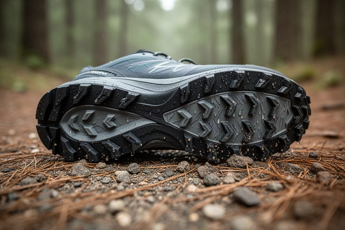 Trailrunningschoenen met Vibram rubbernoppen die nat terrein vastpakken
