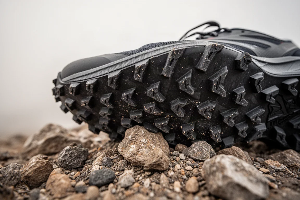 Primer plano de la suela de una zapatilla de trail agarrándose a una roca áspera