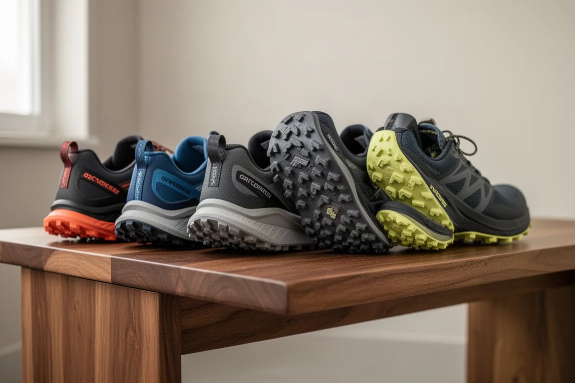 Zapatillas de trail con amortiguación alineadas sobre un banco de madera
