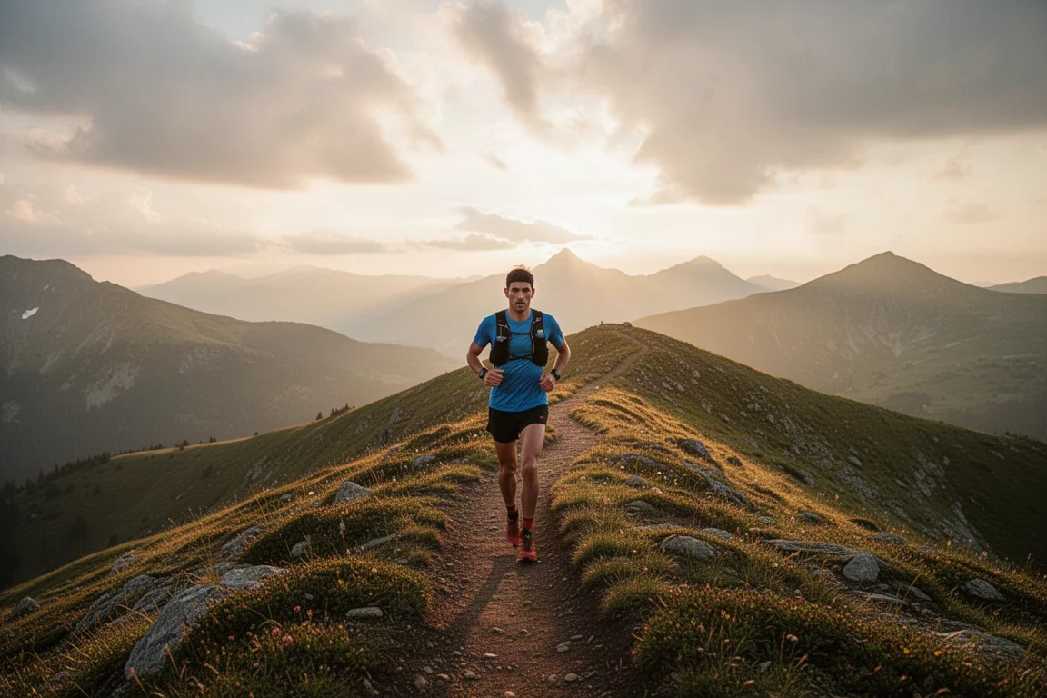 Corredor de trail de pie sobre una cresta alpina con luz dorada del atardecer