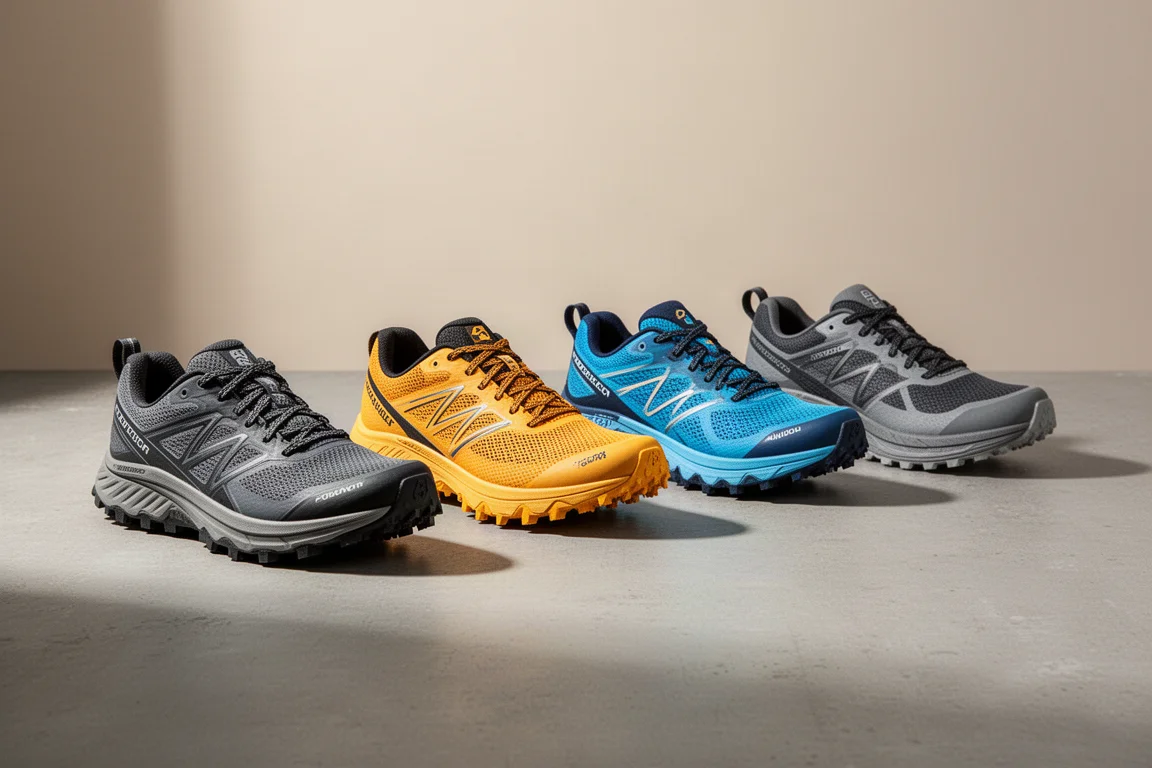 Six trail running shoes lined up on a matte concrete surface