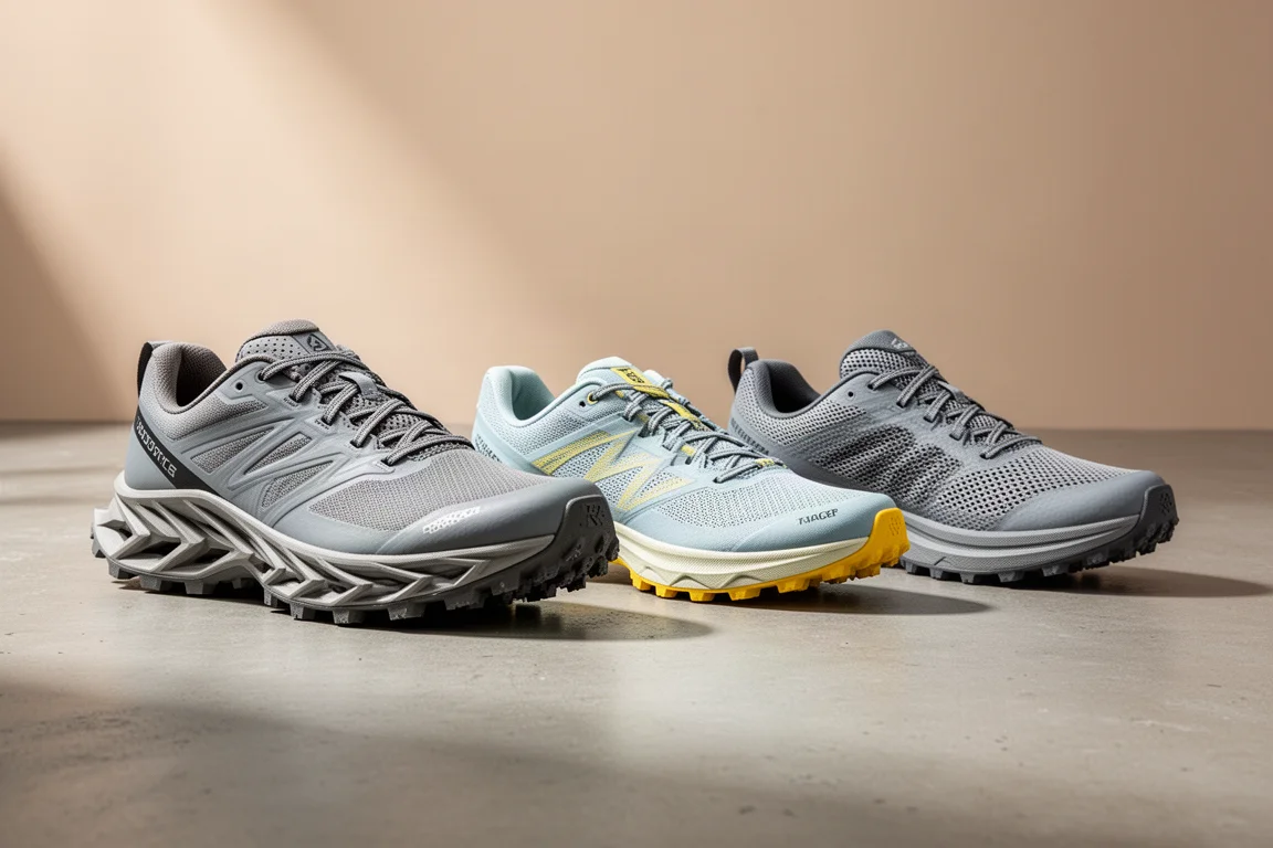 Three trail running shoes lined up on a concrete surface