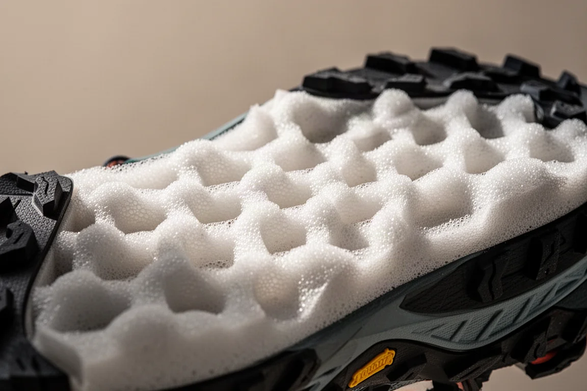 Primer plano de la mediasuela de una zapatilla de trail que muestra una estructura reticulada de espuma tipo cuentas
