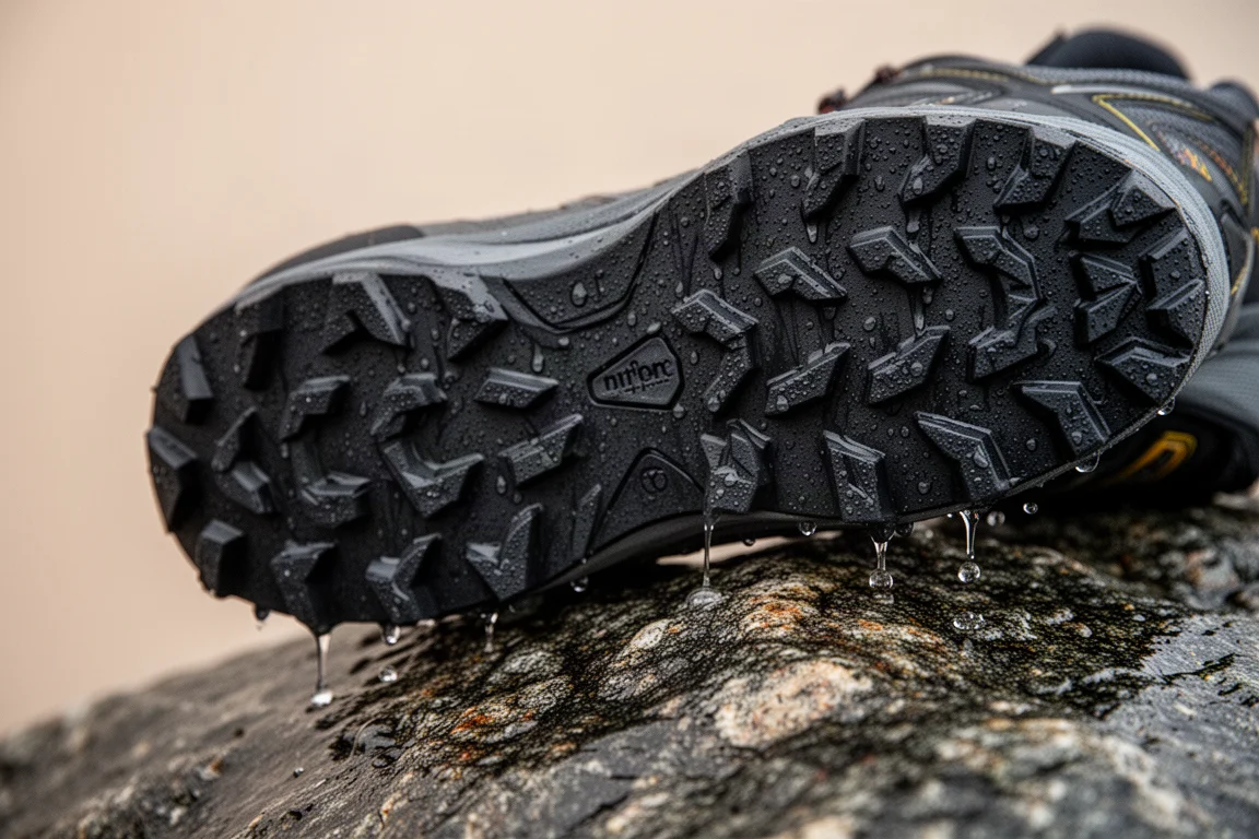 Primer plano de los tacos profundos de la suela de una zapatilla de trail agarrándose a una roca mojada