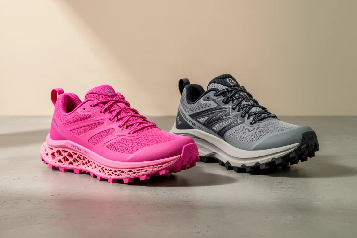 Two trail running shoes side by side on a concrete surface