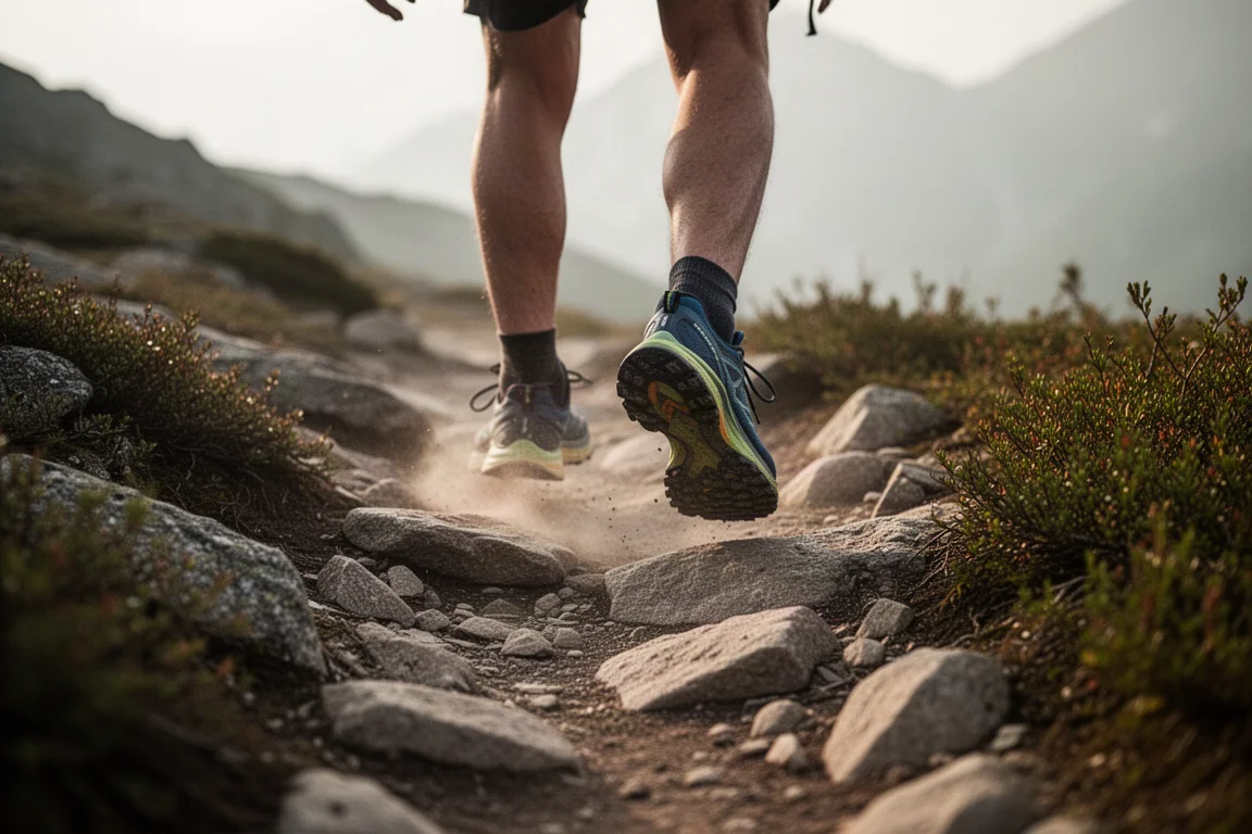 Füße einer Wanderin in Trail-Schuhen auf einem steinigen Bergpfad