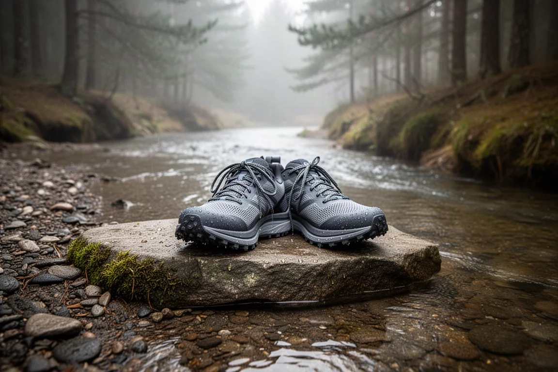 Trailrunning-Schuhe trocknen auf einem Stein neben einem flachen Bach