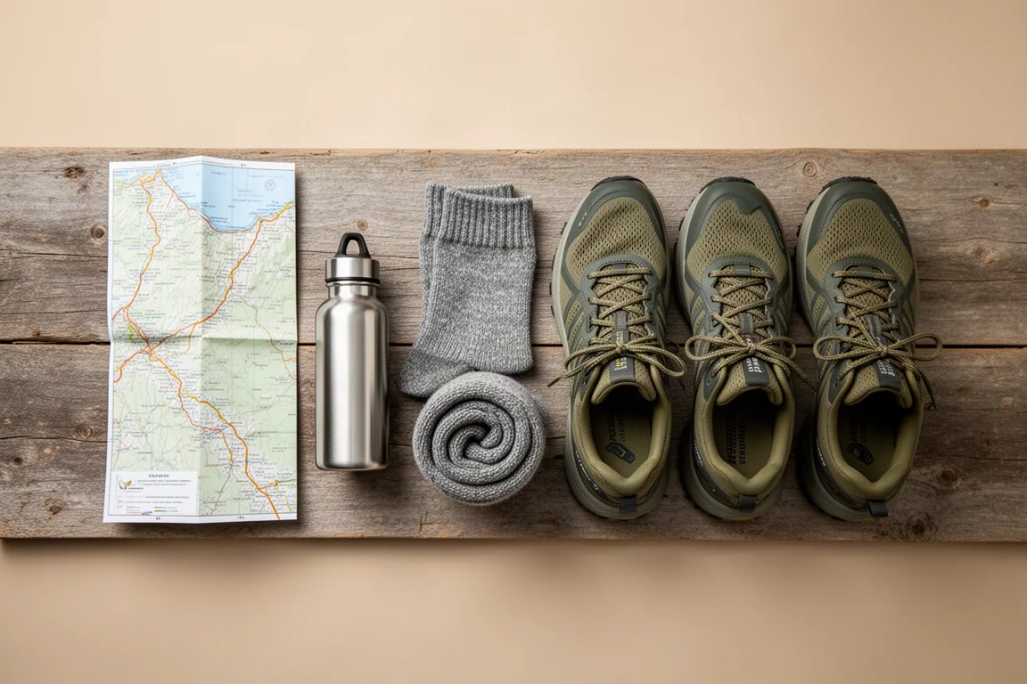 Flache Anordnung von Trail-Schuhen, Socken, Karte und Flasche auf Holzuntergrund