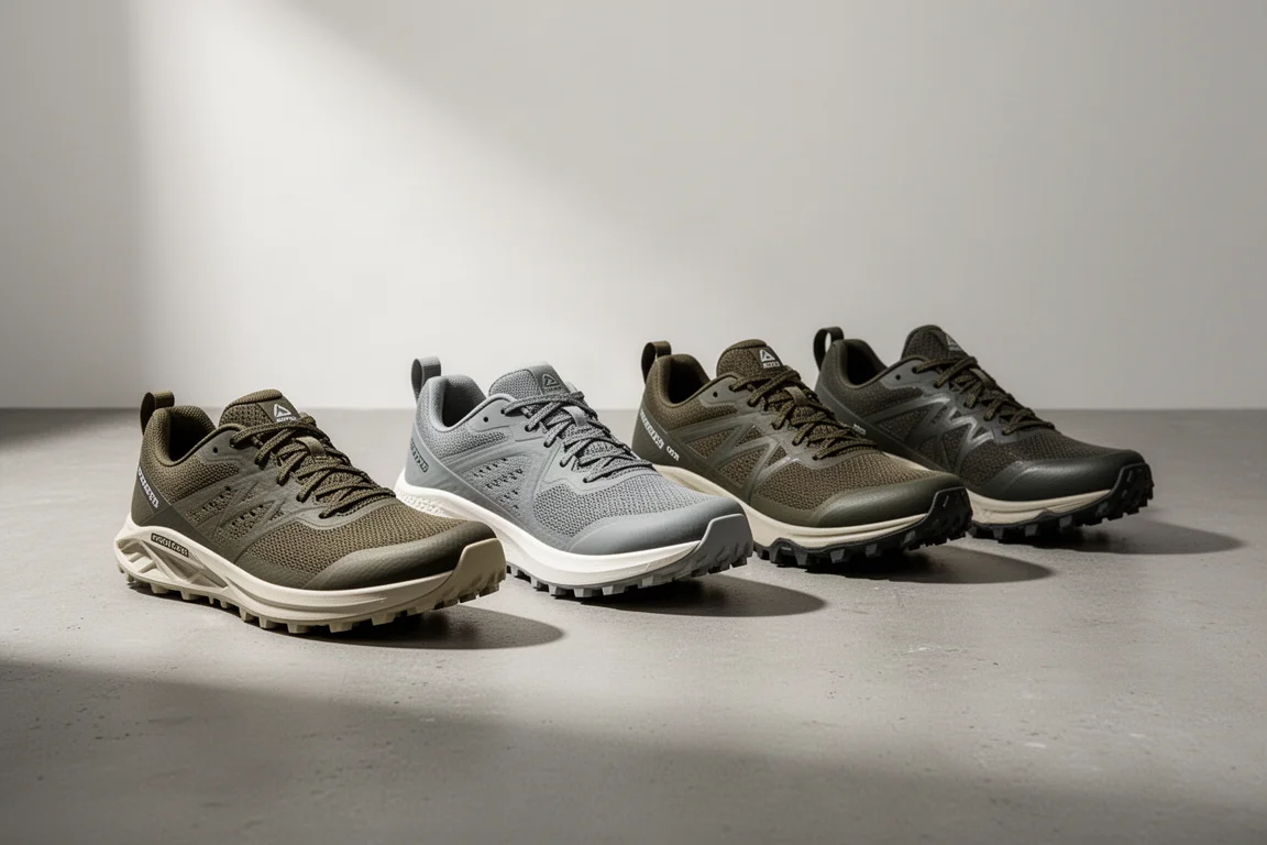 Two pairs of low-profile trail running shoes on a granite slab beside a pine forest