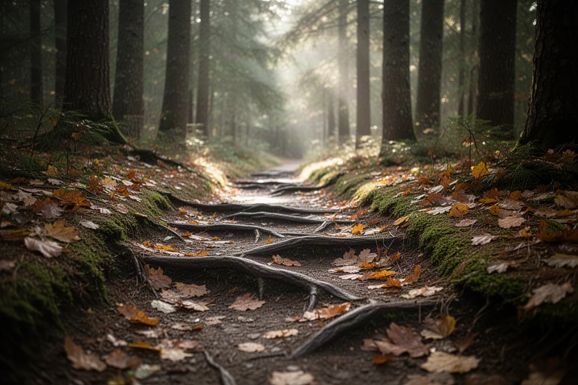 Felsiger Waldweg, bedeckt mit Herbstlaub, im weichen Morgenlicht