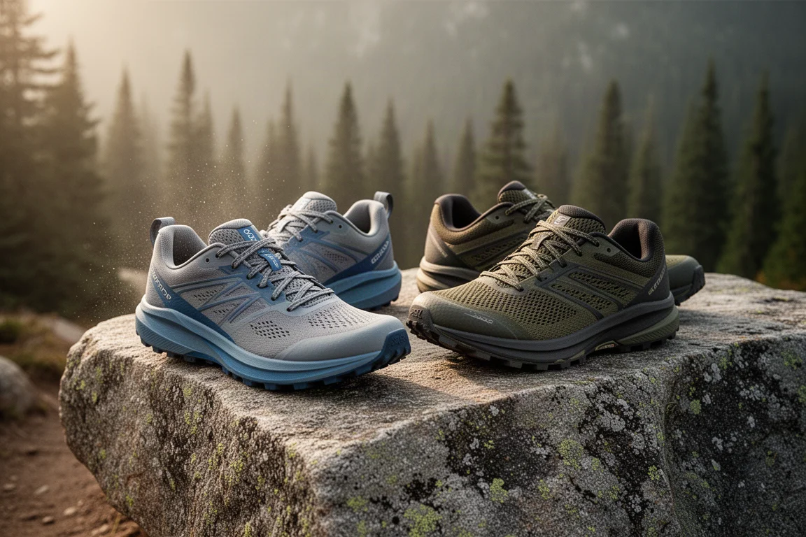 Two pairs of low profile trail running shoes on granite at a mountain trail edge