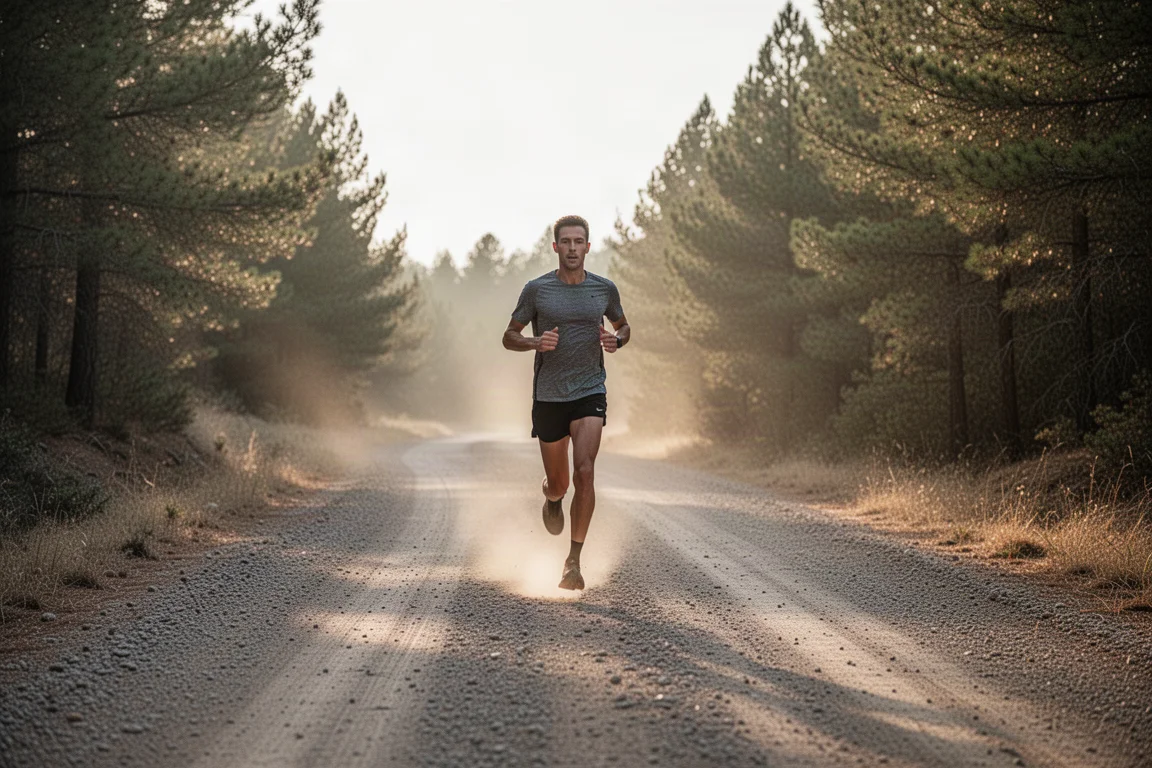Runner che attraversa una strada sterrata tra gli alberi in una giornata asciutta
