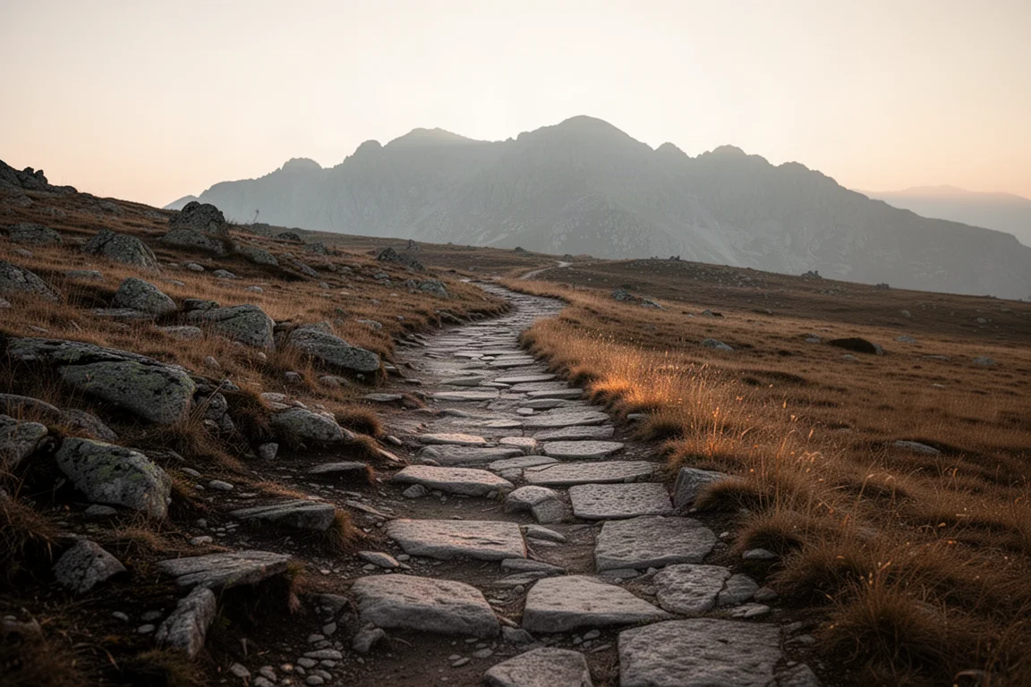 Sentiero di montagna roccioso al tramonto con terreno asciutto e irregolare sotto una luce soffusa