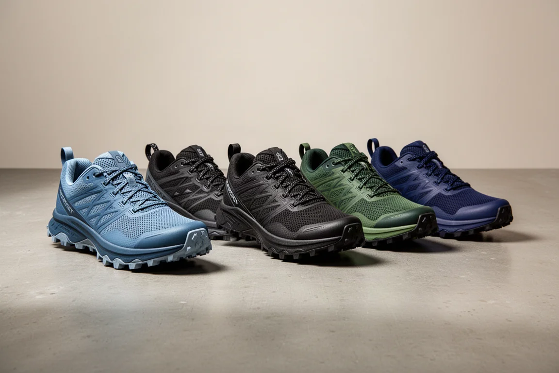 Five trail running shoes lined up on a concrete surface