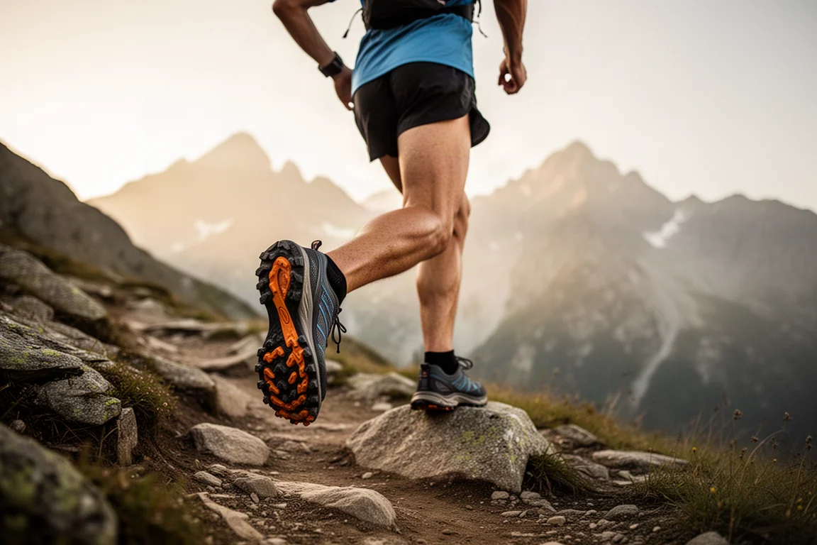 Trail runner crossing rocky mountain terrain in lugged trail shoes