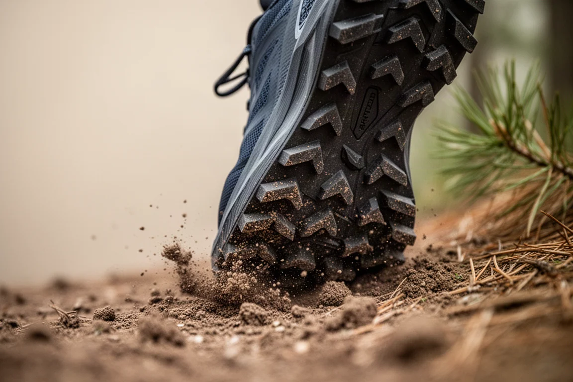 Close-up of deep lug pattern on a trail running outsole gripping dirt