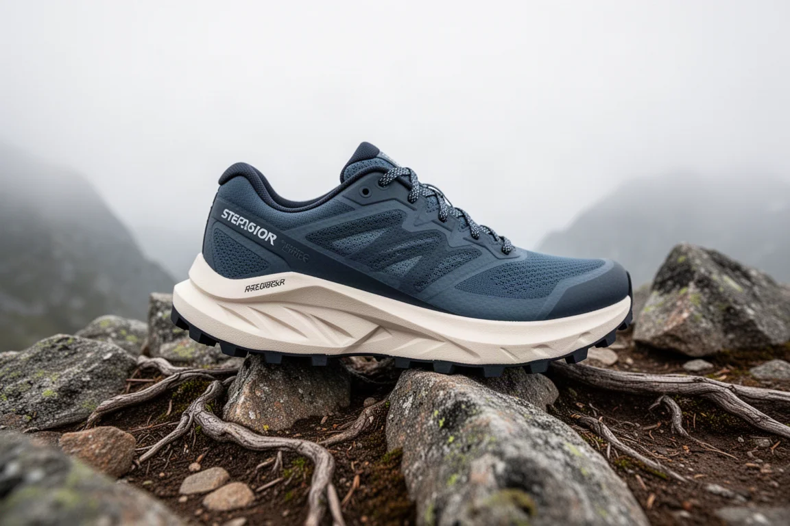 Cushioned trail shoe midsole compressing on a rocky ridge