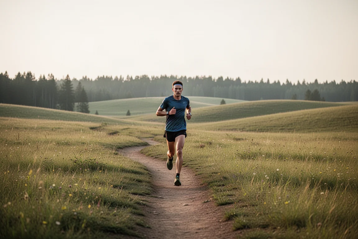 Long-distance trail runner on a rolling dirt path through open meadows