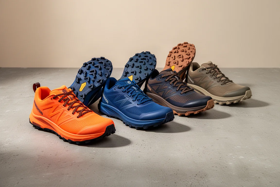 Row of trail running shoes in varied colorways on a concrete surface