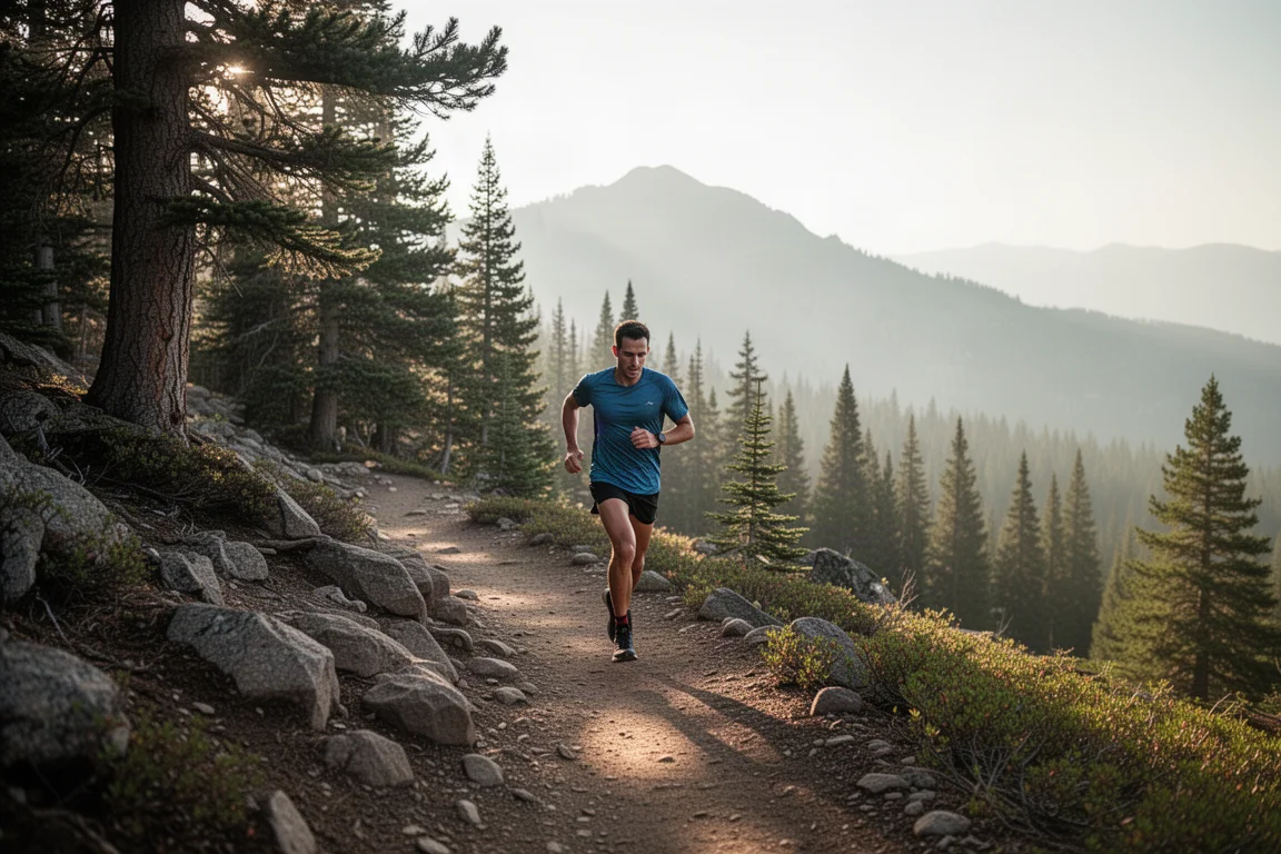 Trailrunner auf felsigem Bergpfad im sanften Morgenlicht