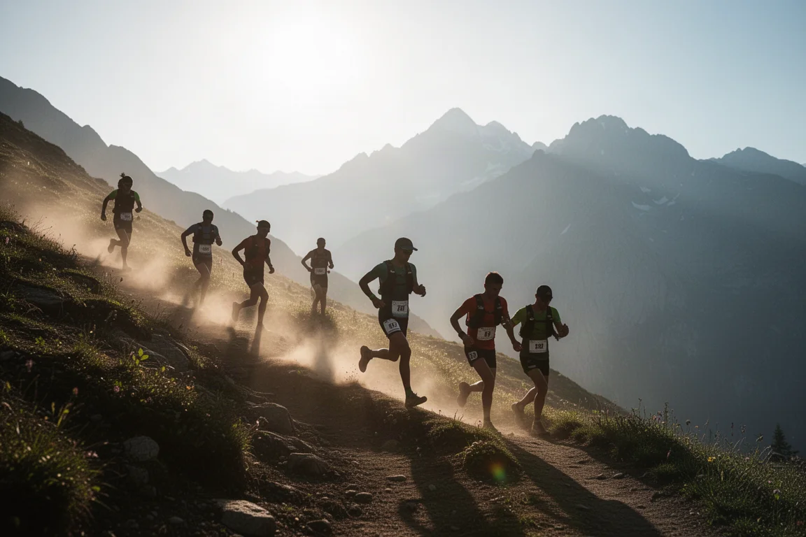 Trailrennen mit Läufern, die eine staubige Alpserpantine hinaufsteigen