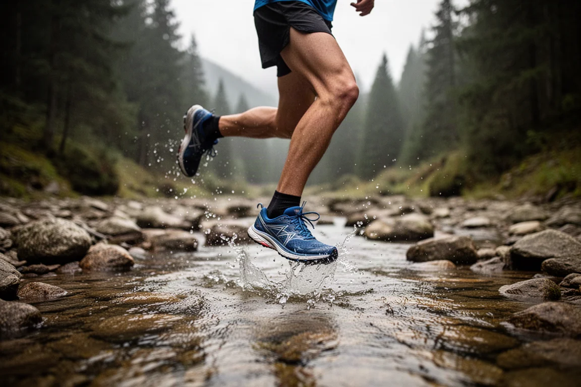 Trailrunner überquert einen seichten Bach in einem bewaldeten Tal