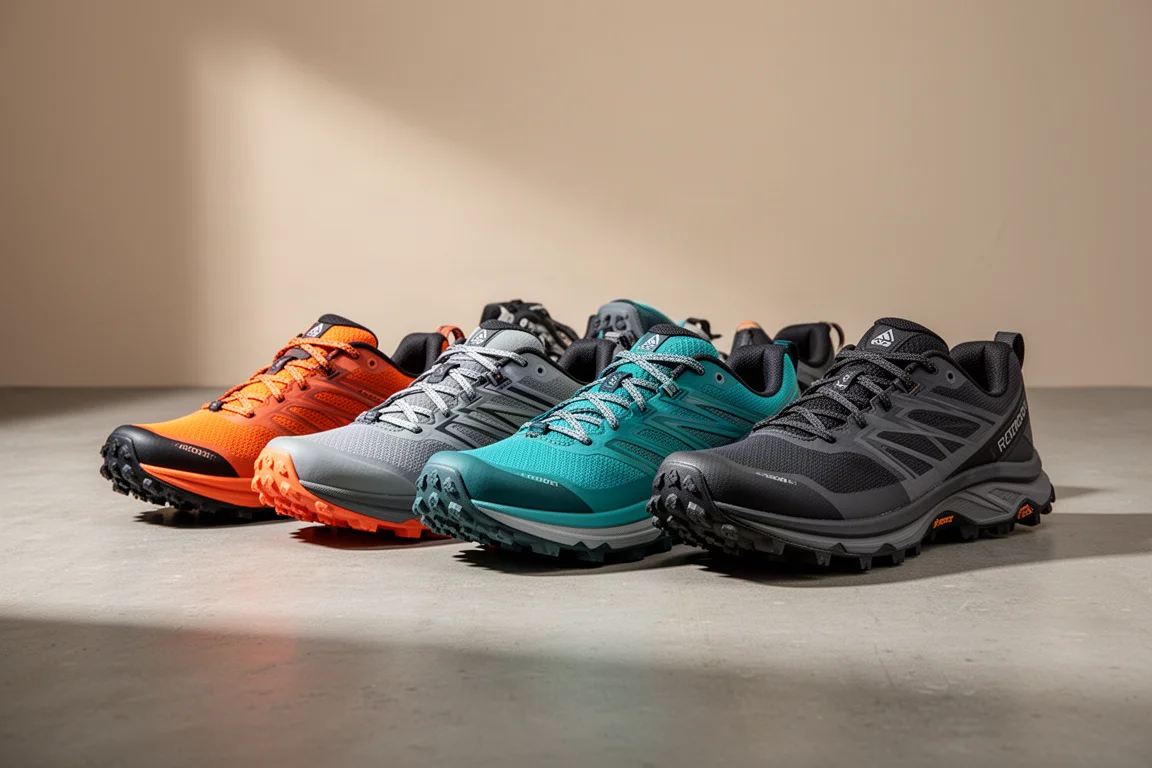 Row of seven trail running shoes with rugged outsoles on a concrete surface