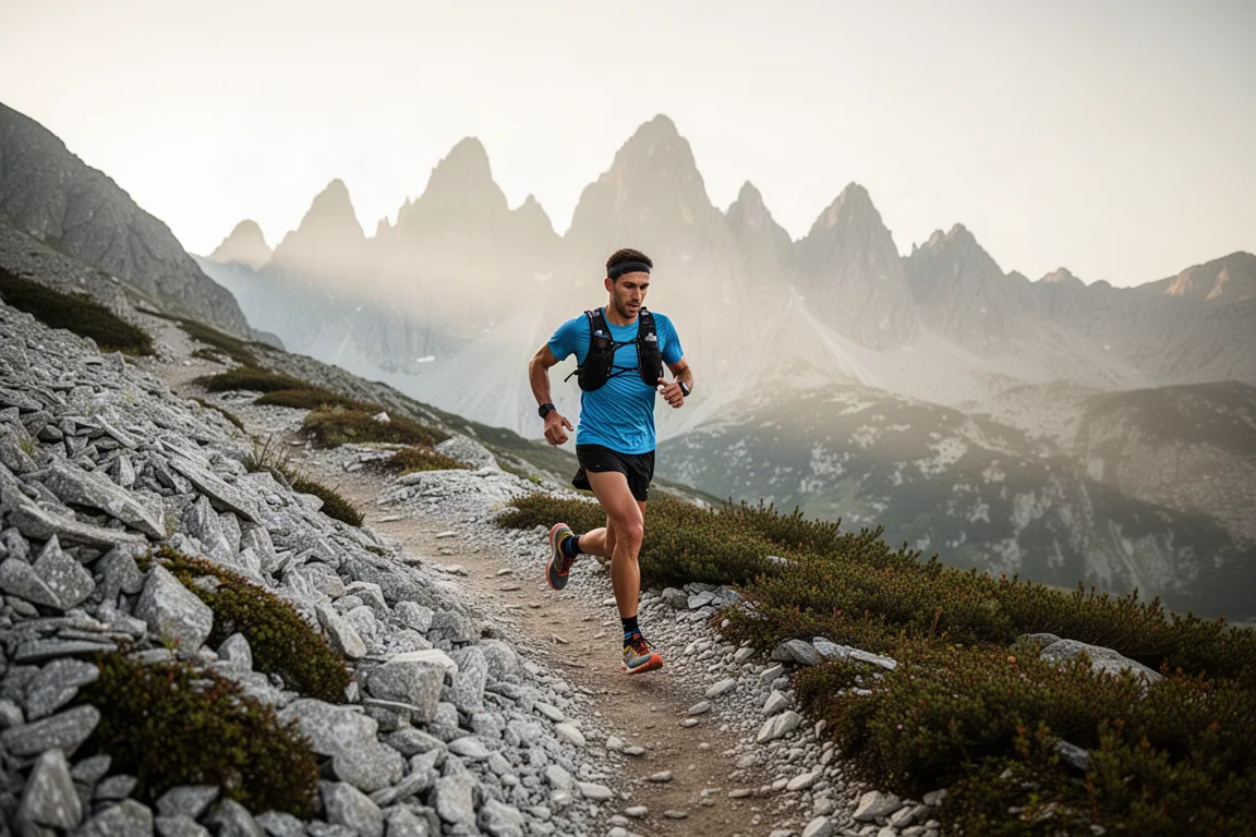 柔らかな朝の光の中、岩場の山道を登るトレイルランナー