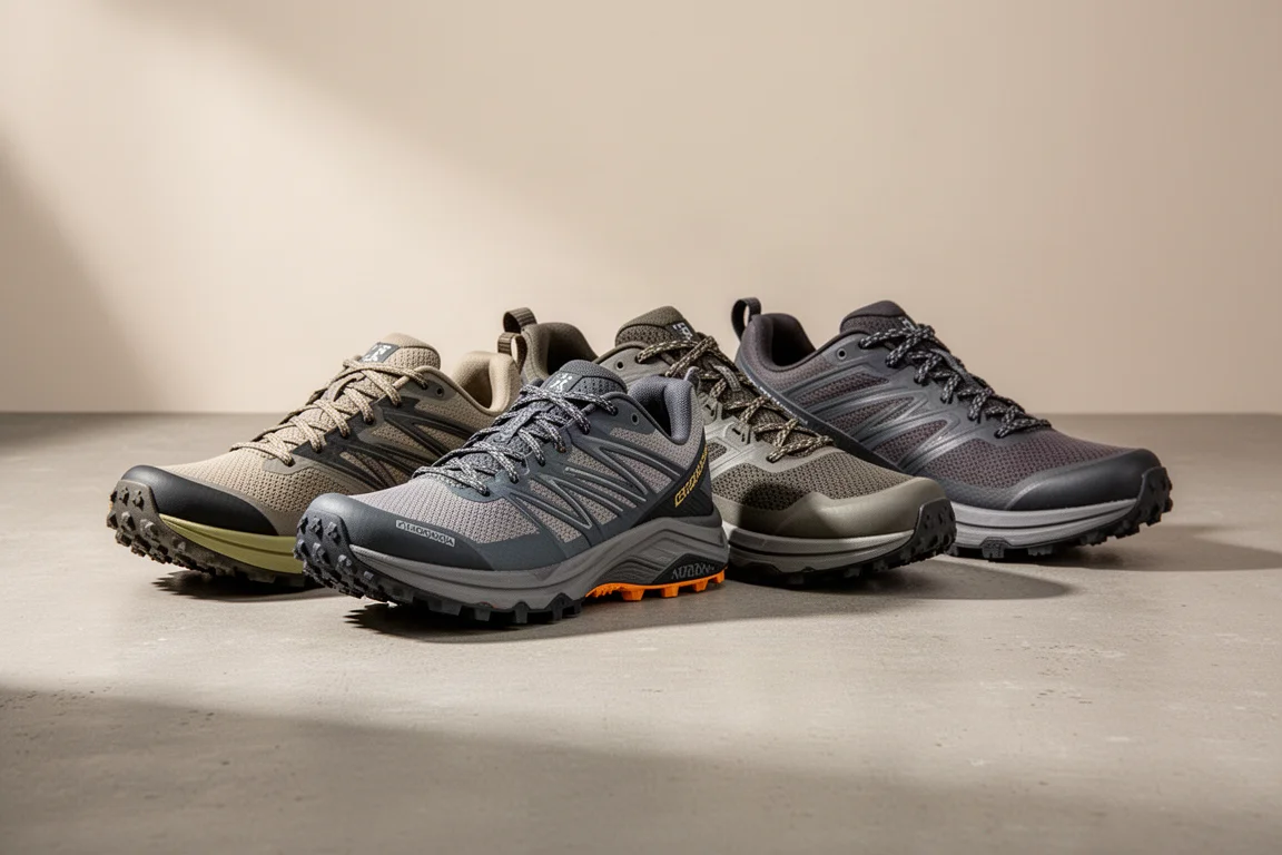 Five trail running shoes lined up on a concrete surface