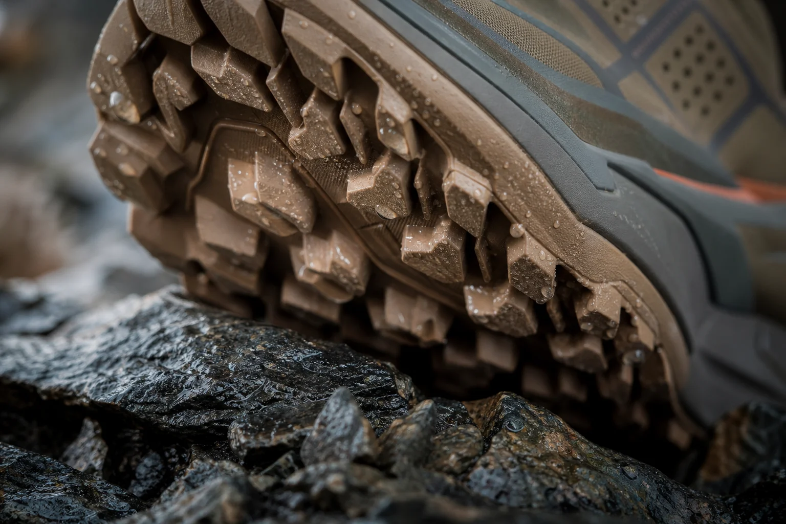 Close-up of trail shoe tread on wet rocky surface with water droplets