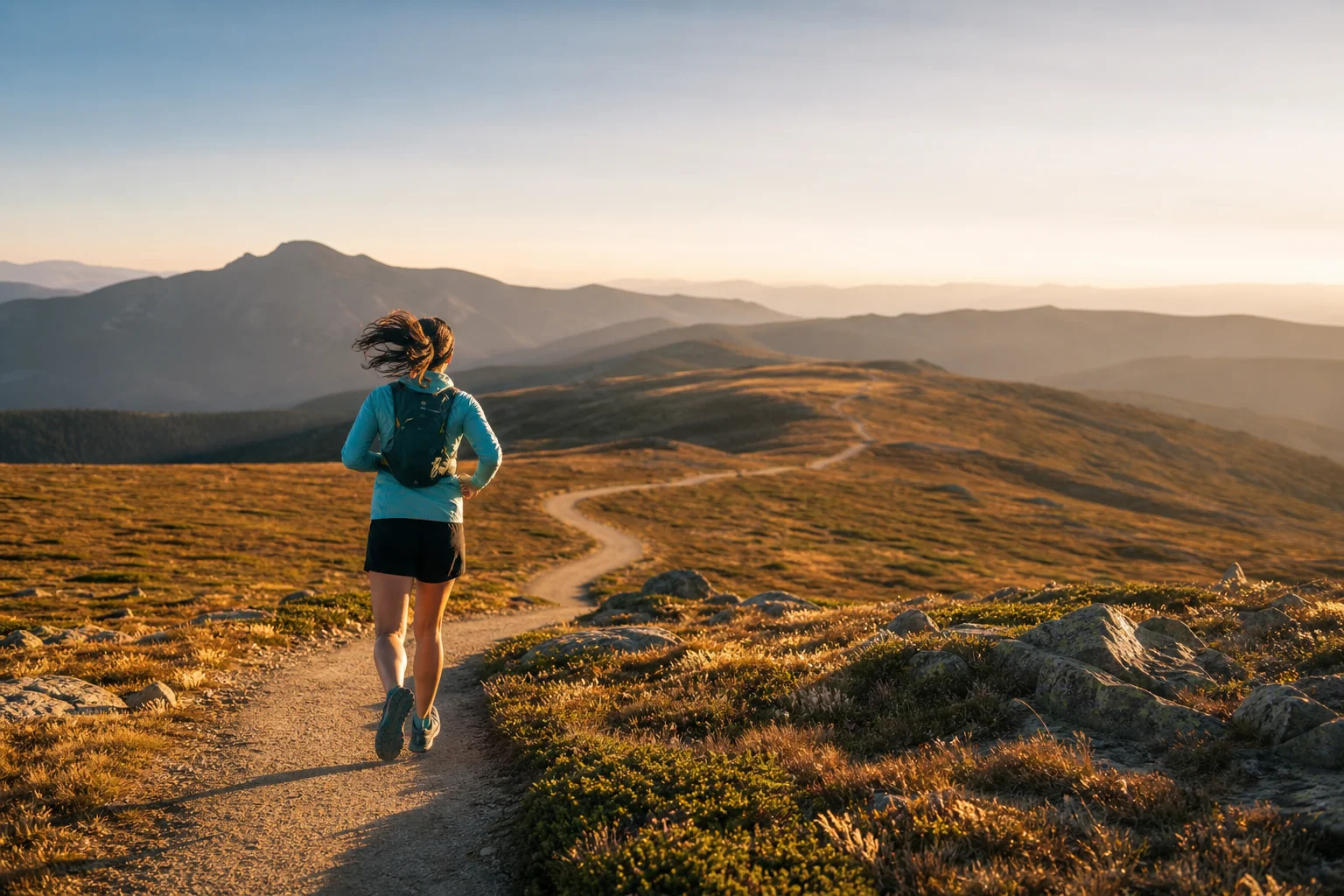 Trail runner on long-distance run through varied terrain at golden hour
