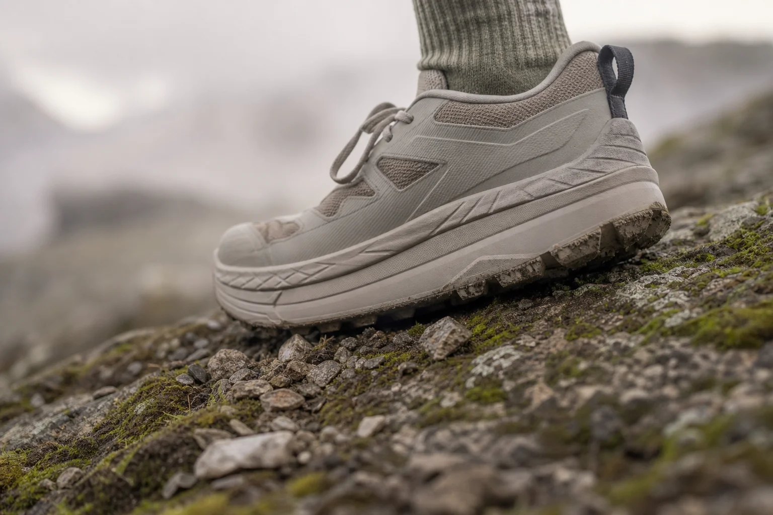Sohle eines Trail-Schuhs mit breiter Plattform auf unebenem, moosigem Gelände