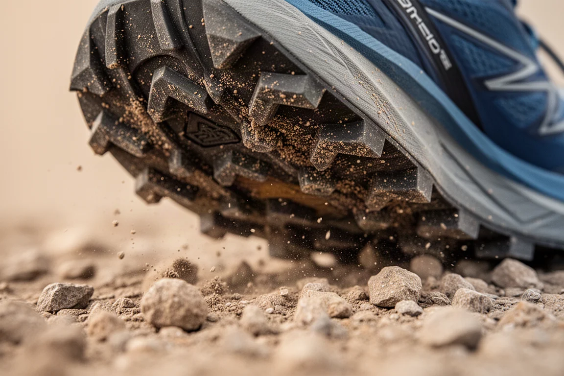 Gros plan sur des petits crampons en caoutchouc accrochant une surface de gravier sec