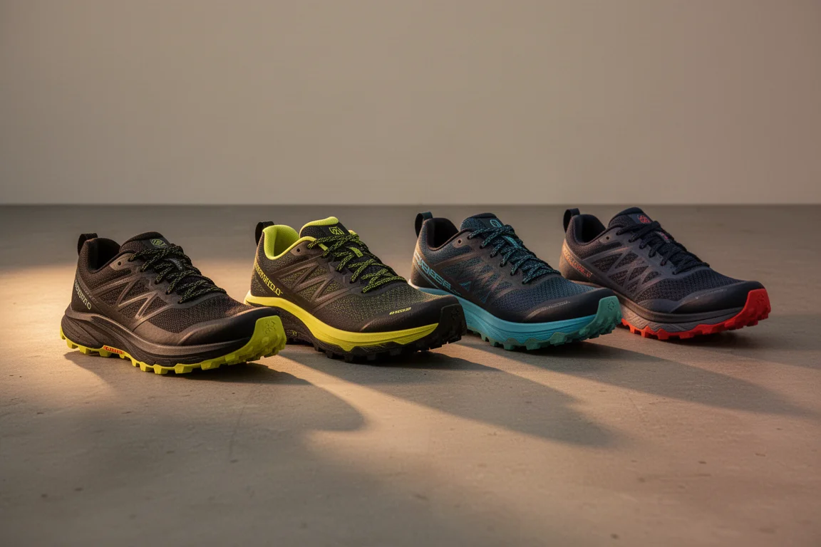 Quatre chaussures de trail alignées sur du béton dans une lumière du soir chaleureuse