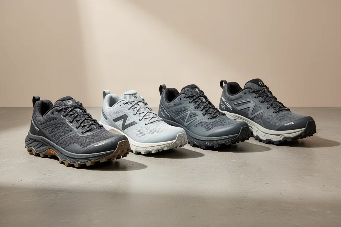 Four different trail running shoes lined up on a concrete surface