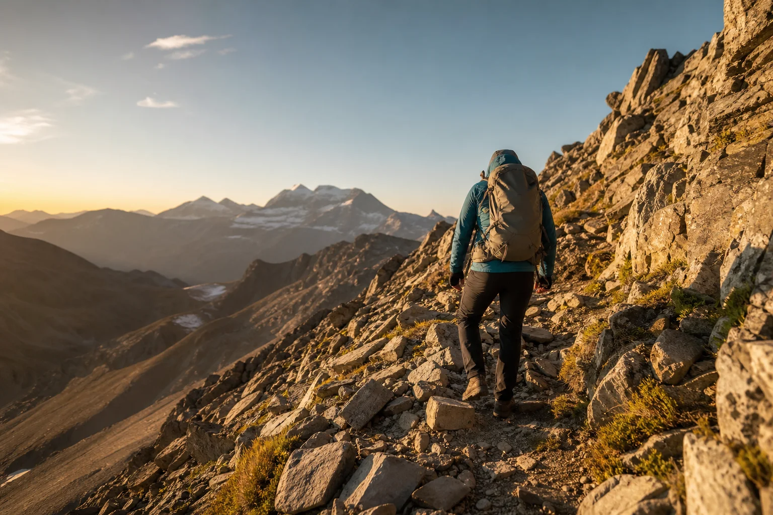Hiker navigating rocky technical terrain on a mountain trail