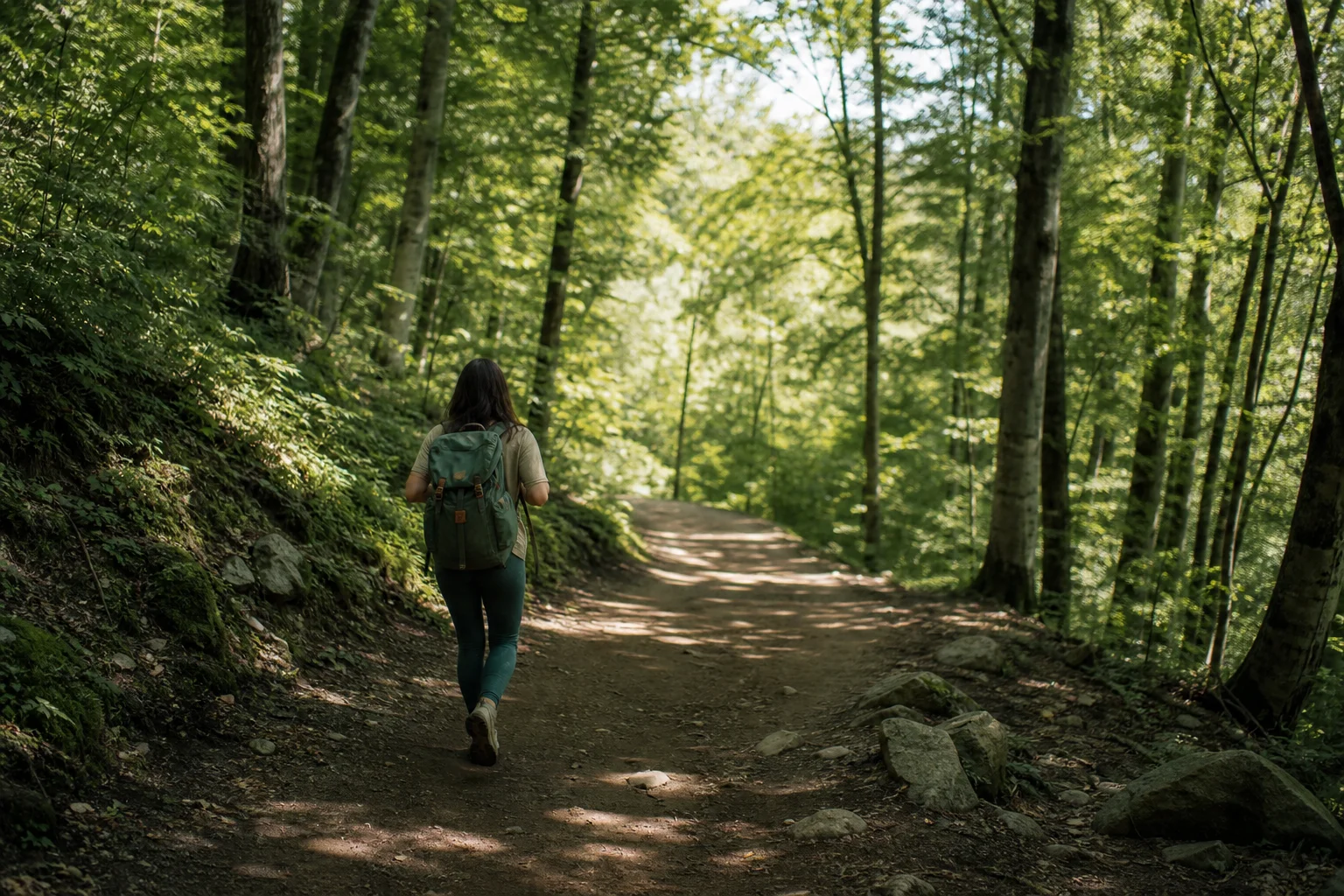 Hiker on a long-distance trail with forest scenery and dappled sunlight