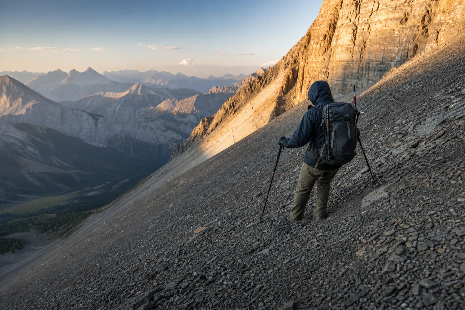 Hiker descending a steep mountain slope with stable footing on loose terrain