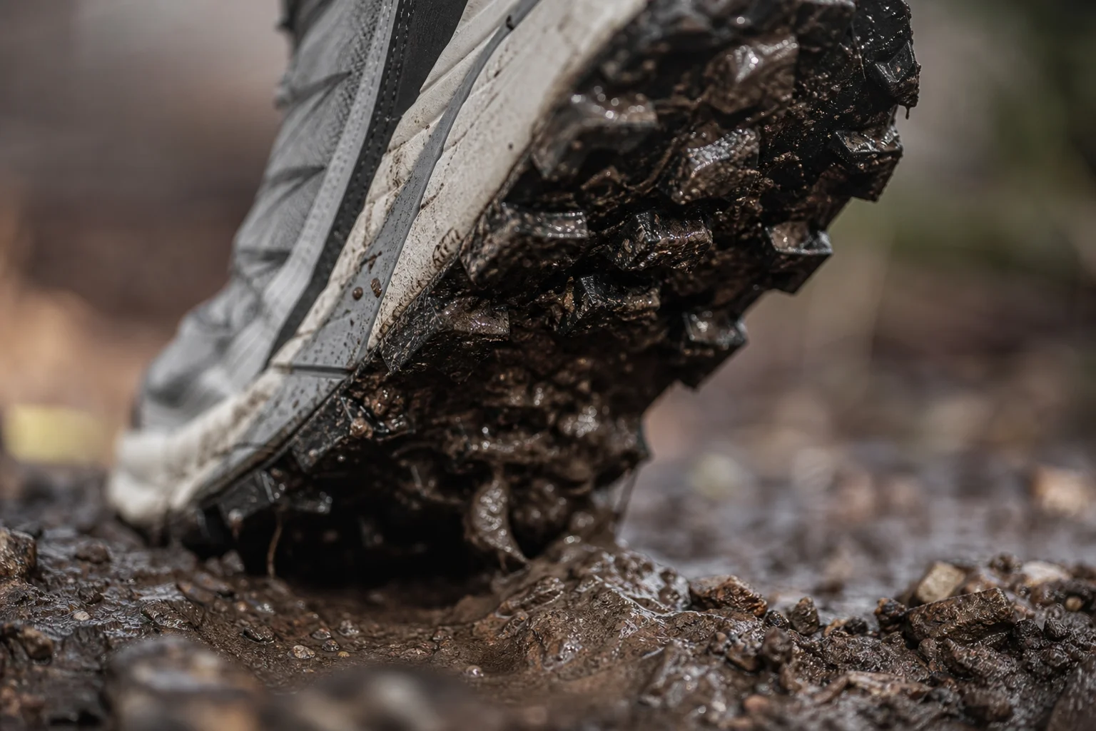 Nahaufnahme des Profils eines Trailschuhs auf schlammigem, nassem Untergrund