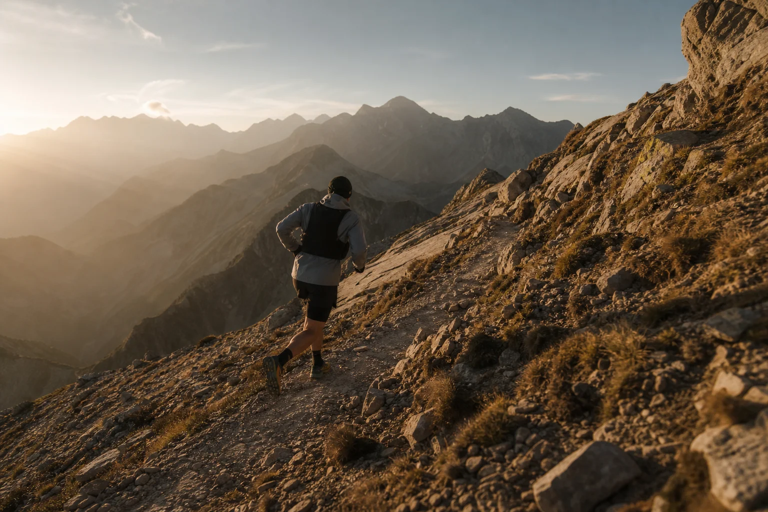 Trailrunner beim Aufstieg auf einen steilen Bergpfad mit gemischtem Untergrund