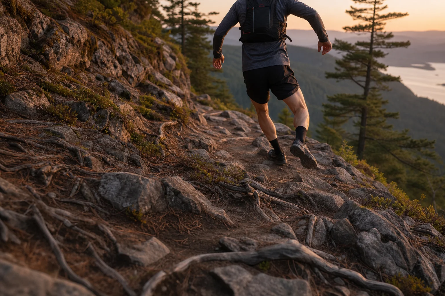 Trailrunner beim Abstieg eines steilen, felsigen Abschnitts in der Dämmerung