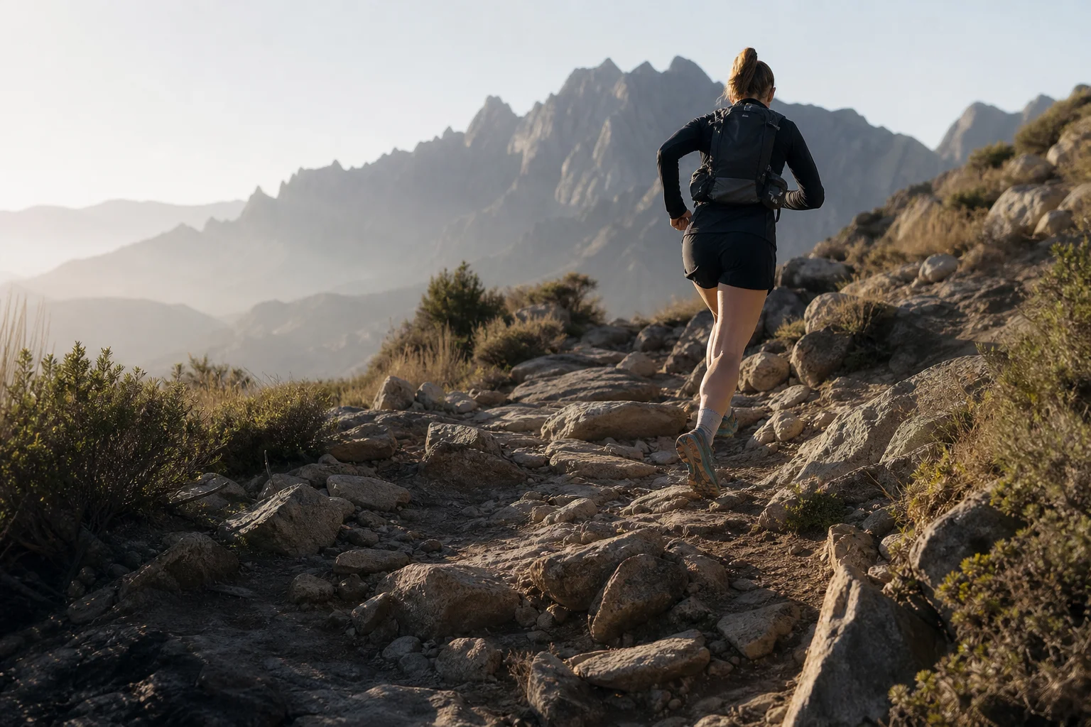 Trail runner navigating rocky mountain terrain in morning light