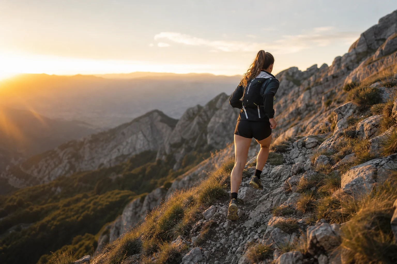 Female trail runner ascending steep rocky hillside at sunset