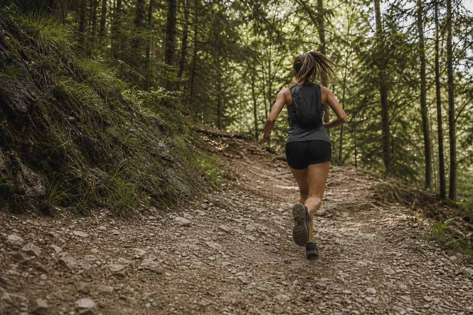 Trail runner descending gravel path through forested terrain