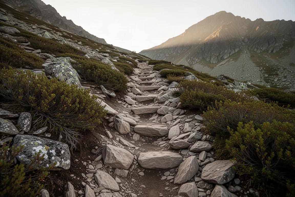 陡峭岩石山徑,滿佈鬆散碎石與崎嶇不平的地形
